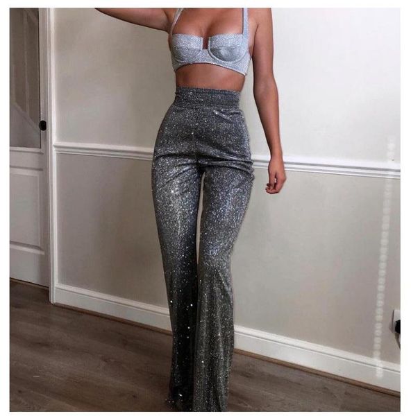 

women's pants & capris fashion trendy sequin elastic zipper high waist loose shining wild leg trousers for sports party clubwear, Black;white