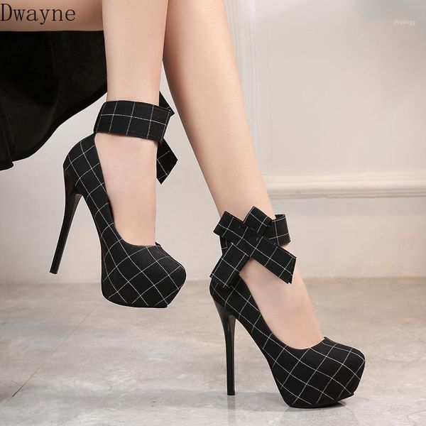 

dress shoes 14cm super high heel elegant women 2021 waterproof platform high-heel single checkered cloth bow heels1, Black