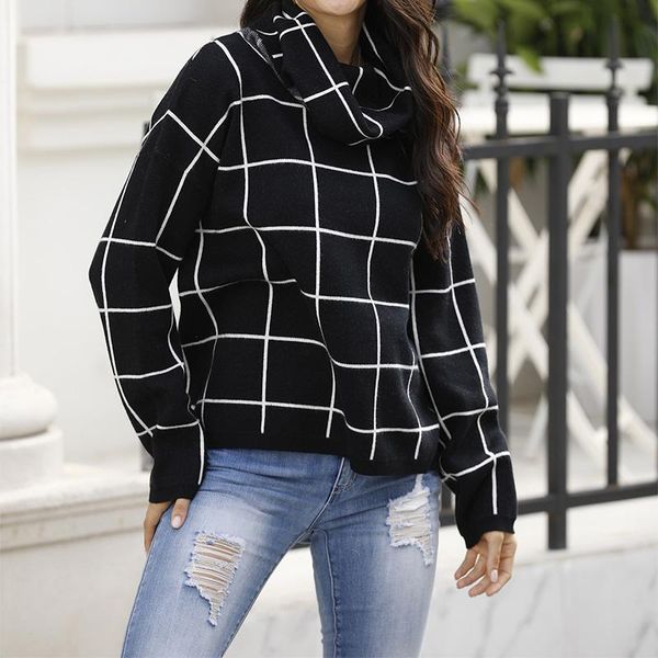 

women's sweaters turn-down collar plaid knitted women sweater split ruched short front long back casual loose female pullover, White;black