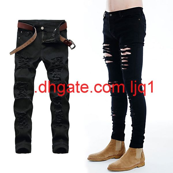 

trend big hole jeans men's elastic slim korean high street versatile leggings exo same black, Blue