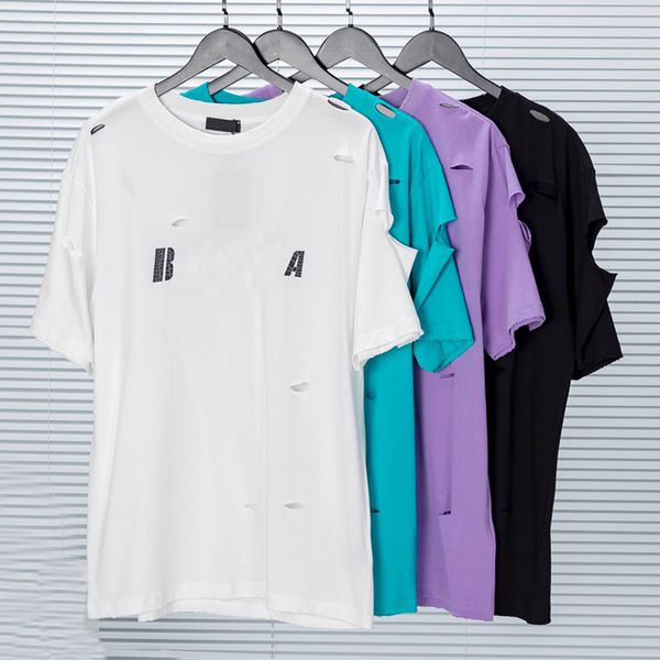 22SS Top Qaulity Mens Designers T Shirts 100% Cotton Print Broken Hole Tees Fashion Casual Short Sleeves Tee Удобная дышащая мужская женская футболка Евро размер XS-L