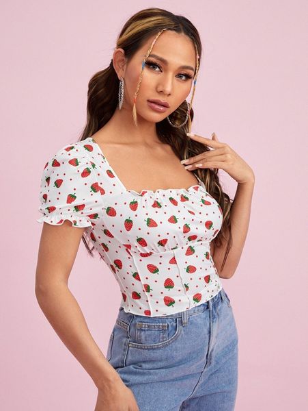 

allover strawberry print square neck 44lr#, White