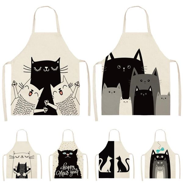 

1pcs black cat pattern cleaning colorful aprons home cooking kitchen apron cook wear cotton linen bibs 53*65cm wql0032