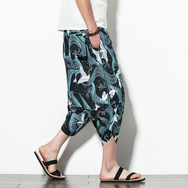 

summer chinese-style printed cropped trousers men's loose and plus-sized nepal capris bloomers shorts casual shorts-401, White;black