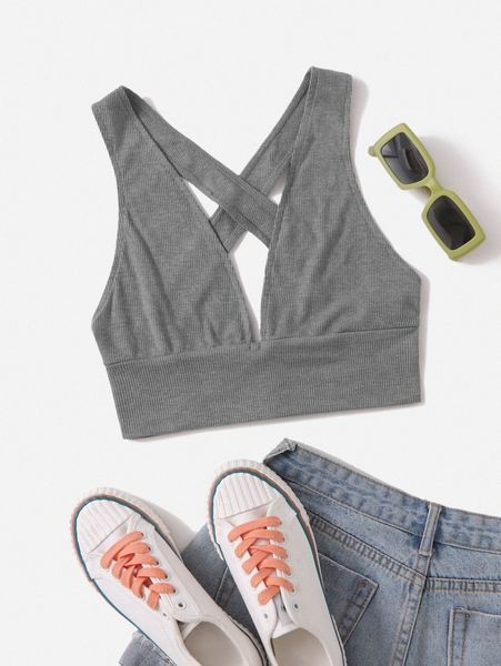 

ribbed plunging crisscross crop c9ub#, White