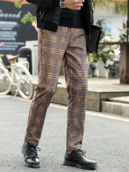 

men plaid slant pocket pants 92ml#, Black