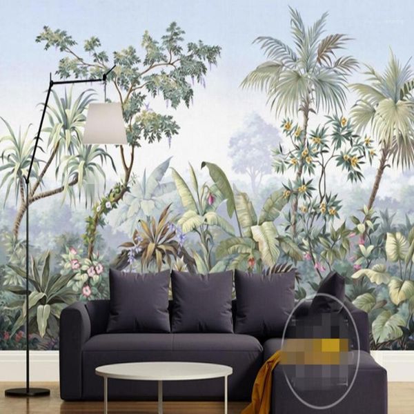 

jointless custom 3d wallpaper european retro hand drawn garden trees rainforest banana coconut tree wall paper tv background1