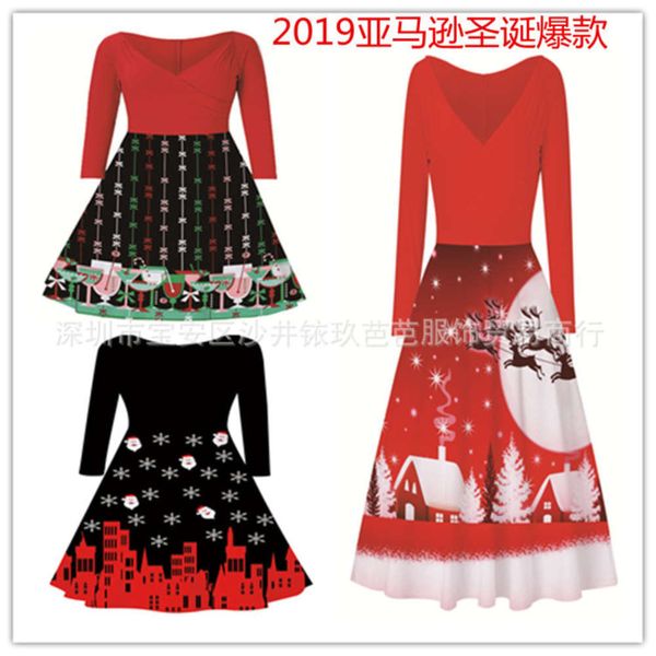 

2019 women's fashion v-neck print drs, Black;gray