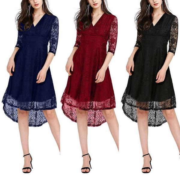 

lace patchwork solid v-neck color mid sleeve irregular dress for women, Black;gray