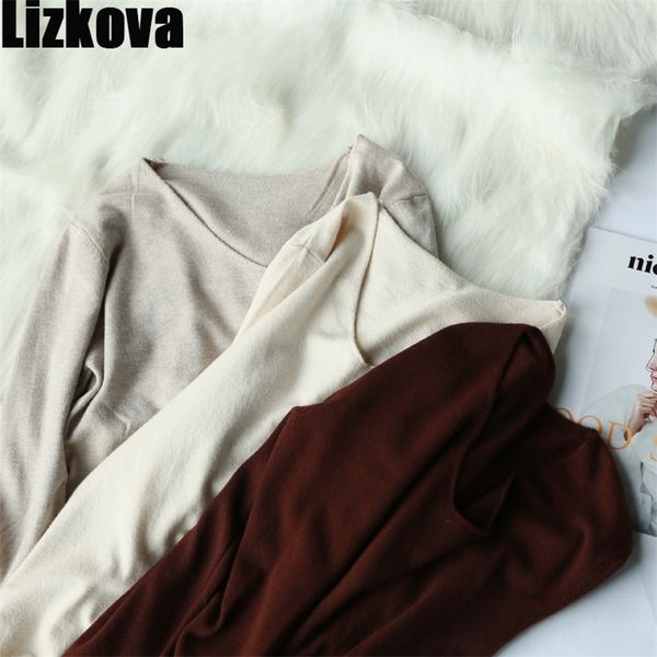 

lizkova thin v-neck slim sweater women autumn long sleeve loose knitted pullover soft casual 201222, White;black