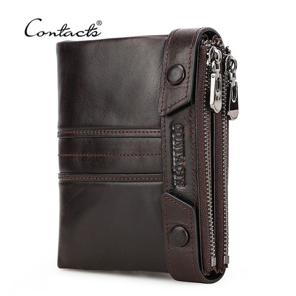 

contact's genuine leather men wallet double zippers design coin purse small mini card holder wallets rfid money bag male purses c1223, Red;black