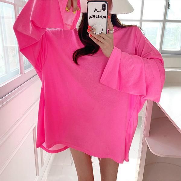 

ewq] 2020 spring summer new solid color cotton long sleeve t-shirt korea ladies casual plus size brief pink t shirt qv01051, White