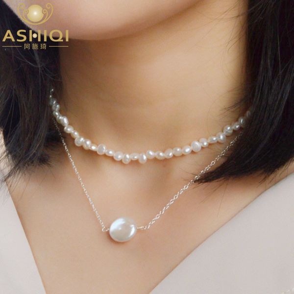 

ashiqi multi layer natural baroque pearl clavicle chain jewelry 925 sterling silver choker necklace fashion lj201016
