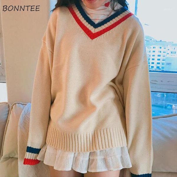 

sweaters women striped school v-neck harajuku girls korean fashionable loose womens all-match ulzzang vintage simple sweet1, White;black