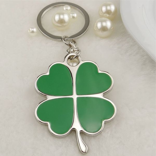 

creative green keychain fashion high beautiful quality four leaf clover steel lucky key chain jewelry keyring, Silver