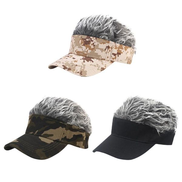 

sport golf hat baseball cap w/ fake hair cap casualsun visor hair wig hat synthetic integrate for man or woman, Black
