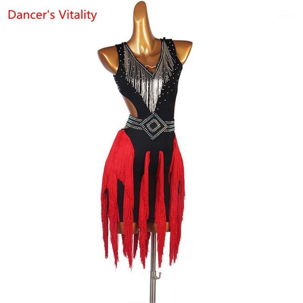 

latin dance female child high-end custom tassel dress practice clothes rumba samba dancewear performance skirt1, Black;red