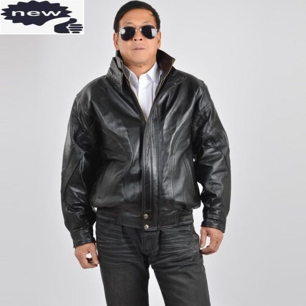 

men's leather & faux winter mens stand collar motorycle cowhide genuine jacket biker windproof overcoat thick padded loose fit coat, Black