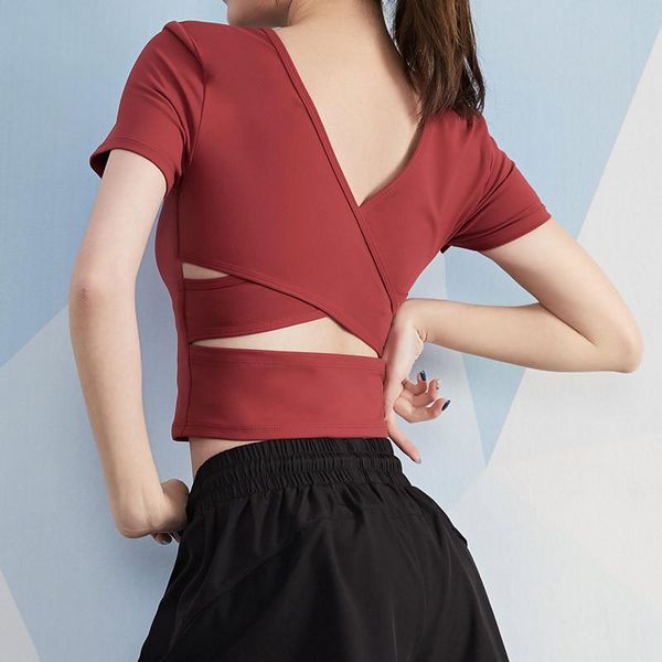 

yoga shirt fashion tight yoga sport shirt fitness breathable tight stretch short-sleeved women sport top, White;red