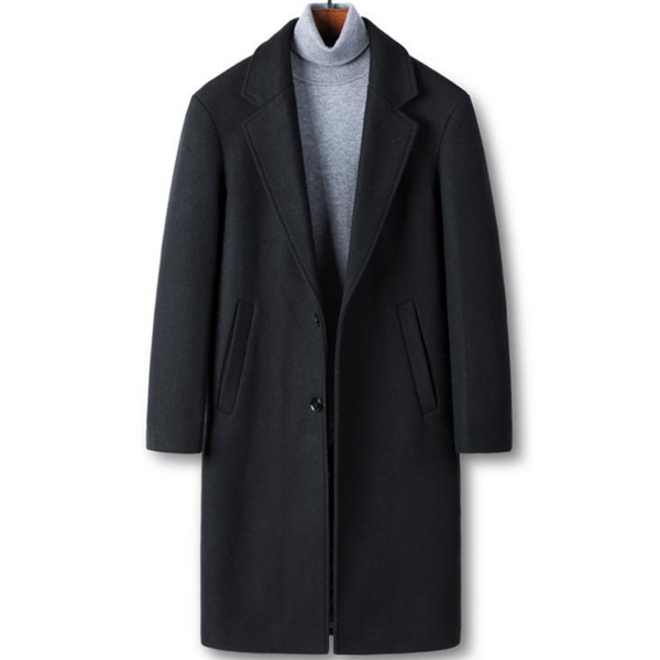 

men's wool & blends winter woolen coat, casual mid-length thick and handsome all-match suit windbreaker, Black