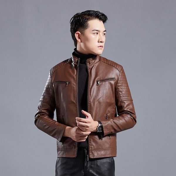 

men's fur & faux slim fit moto biker zipper mens leather jackets fashion korean casual stand collar windproof male outerwear coat plus, Black