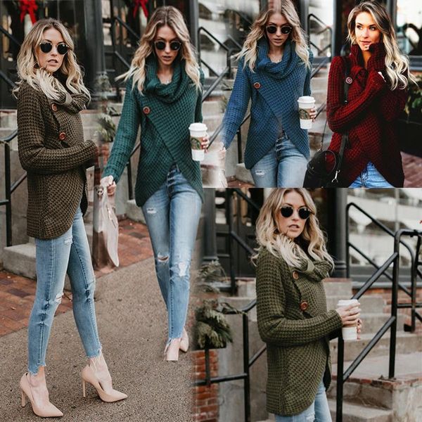 

women's knits & tees warm turtleneck fashion sweater irregular coat knitted cardigan with buttons casual ladies sweaters plus size, White