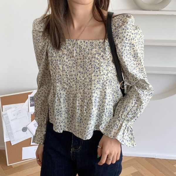 

autumn all-match square collar pleated bubble sleeve solid color floral shirt loose fashion blouse female1, White