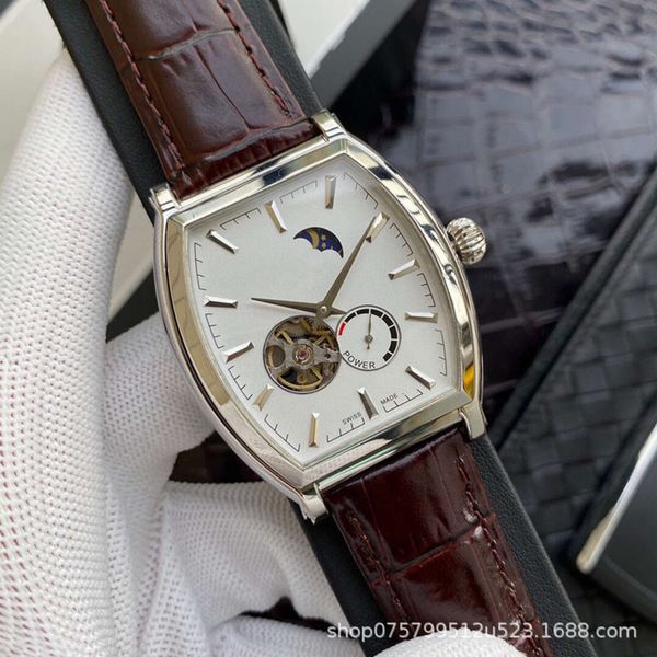 

fashion wine barrel shape refined jiang steel men's watch hollow flywheel moon phase automatic machine, Slivery;brown