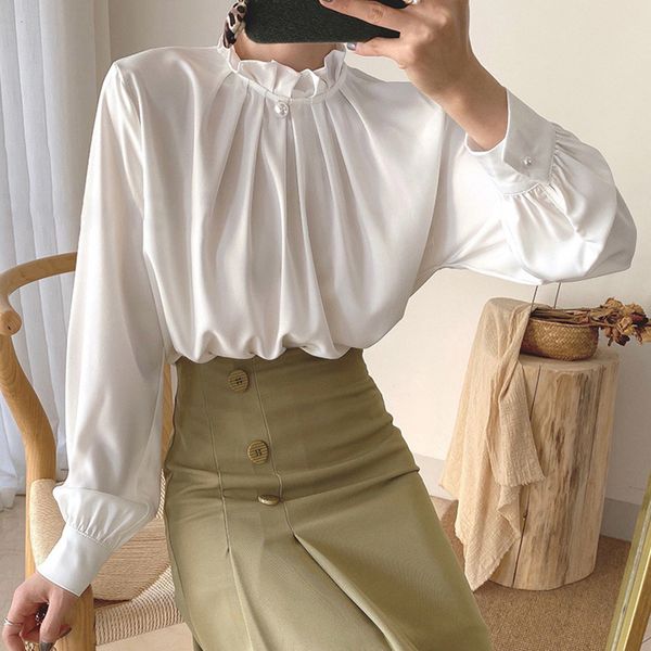 

2021 new office lady blouse spring summer fashion simple thin elegant gather ruffle long sleeve ssf6, White