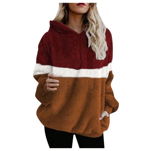 

winter fashion women fleece faux fur hooded coat warm ladies casual long sweatshirts patchwork jacket kg-885, Black