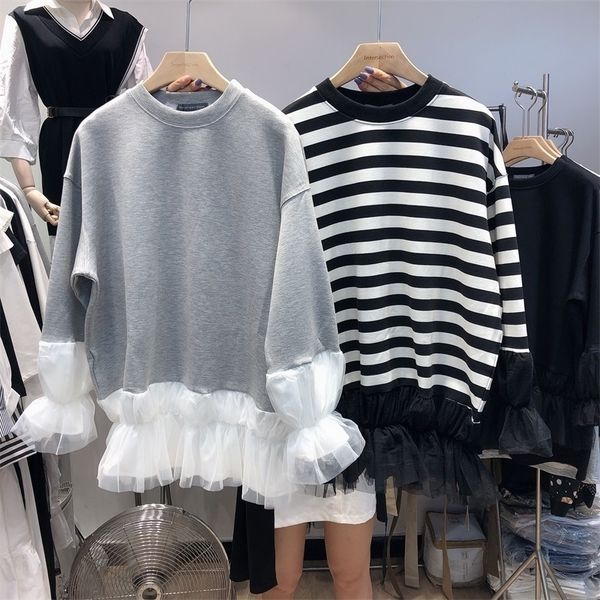 

[ewq] autumn ladies stitching mesh flared sleeves loose long-sleeved sweatshirt contrast color ruffled thick women 201202, Black