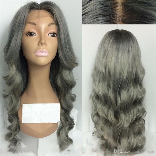 

two tone ombre 1b grey body wave hair lace front wig synthetic african american ombre wigs, Black