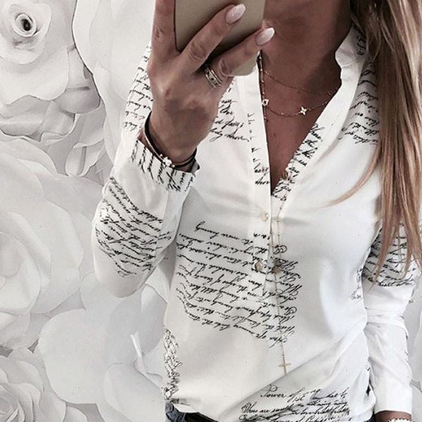 

feitong women letters printing blouses fashion ladies chic v neck button long sleeve shirt blouse blusas de moda 2021, White