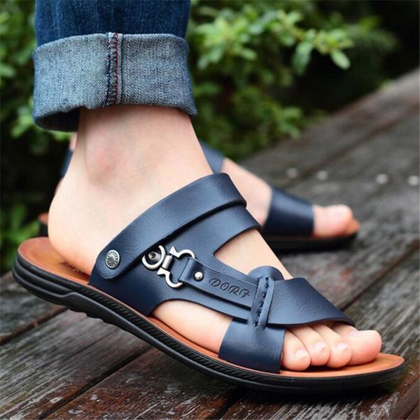 

sandals for men outdoor leather designer 2022 summer open toe sandals beach shoes leather slippers for men high quality, Black