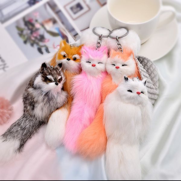 

rings ball cute pompom chain fluffy bow-knot real fox fur charm keychain car bag key ring women jewelry 3bxl, Silver