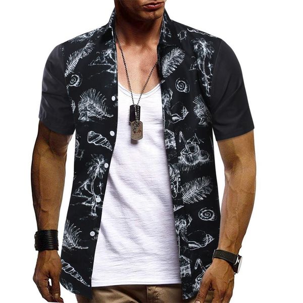 

мужская блузка полиэстер мужская повседневная свободная с коротким рукавом мужская рубашка тропическая печать лоскутное пуговица, White;black