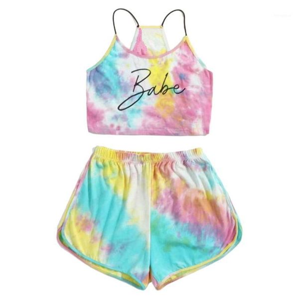 

women tie-dye letter 2 piece set gradient rainbow cami crop shorts tracksuit1, Gray