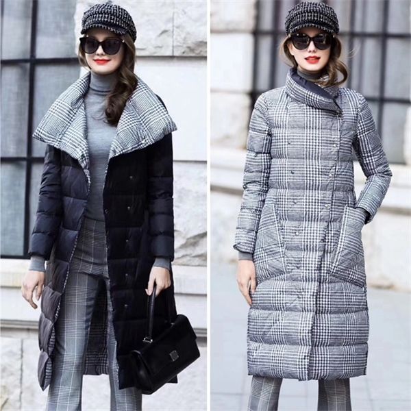 

fmfssom 2020 new winter long duck jacket thick double sided plaid coat female plus size warm down parka women slim c1204, Black