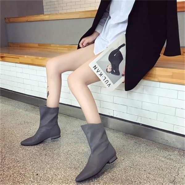 

new female 2021 fashions pointed to winter shoes western short ladies mid-calf boots blue gray woman rfim, Black