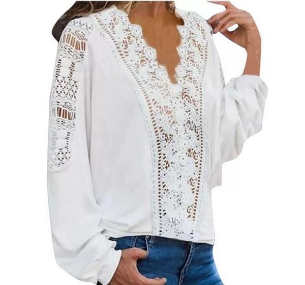 

new style large size loose lace women blouses autumn blouses fashion v neck lace long sleeve women shirts, White