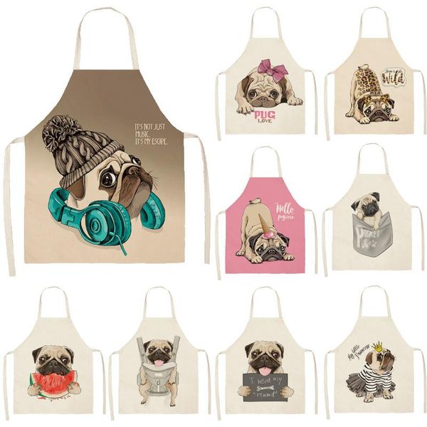 

aprons cute dog pug pattern cotton linen sleeveless chef apron kitchen women home cooking baking waist bib pinafore 53*65cm