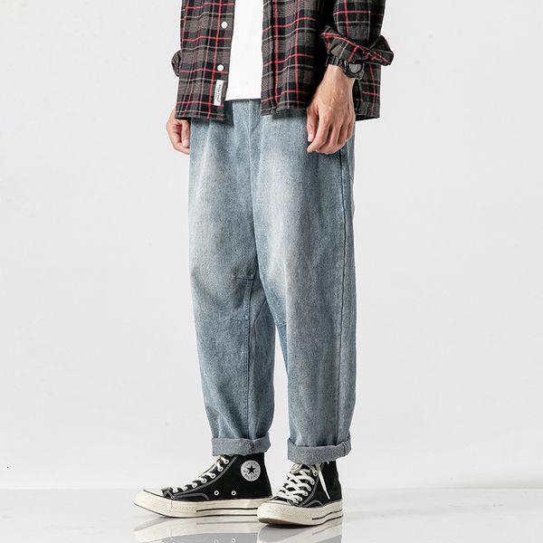 

worn out jeans men's fashion brand loose straight drop feeling wide leg fat plus size nine cent pants, Blue