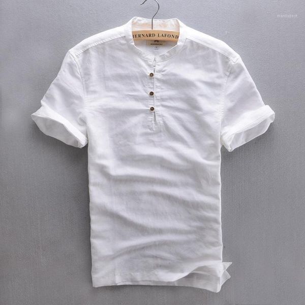 

wholesale- men's short sleeve summer linen shirt white sky blue mandarin collar botton casual shirt breathable cotton linen shirt for, White;black