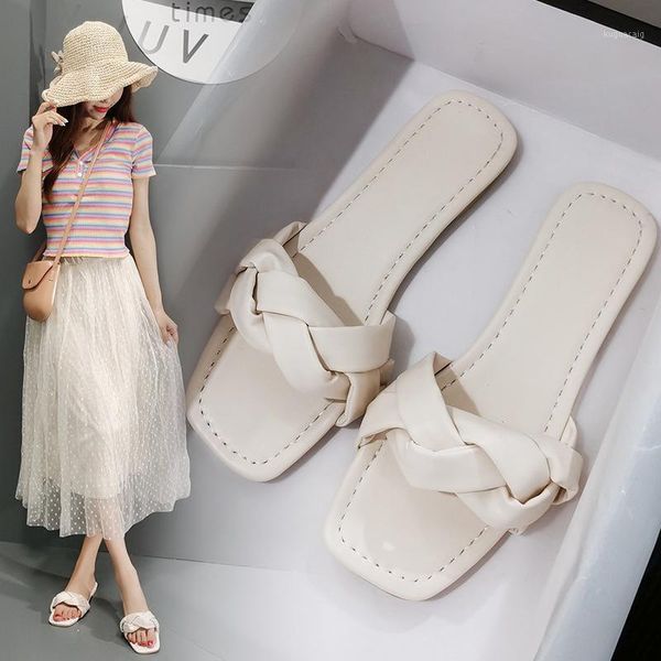 

slippers 2021 women's square toe flats slipper design weave slides outside sandals summer ladies beach shoes woman 35-391, Black