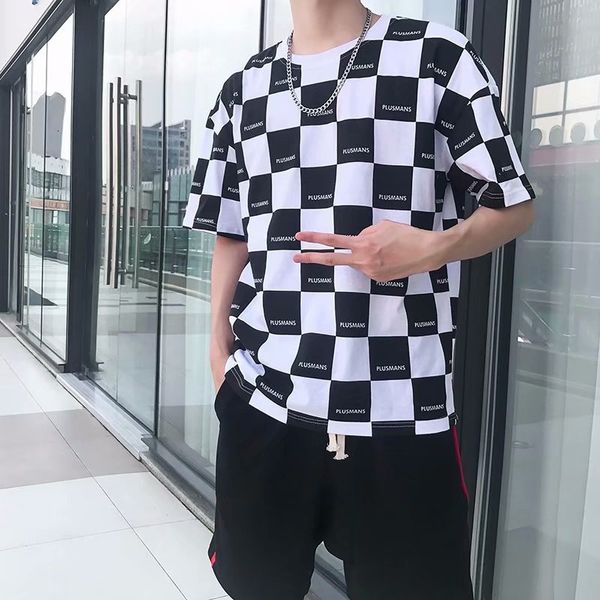 

2019ins super half korean printed plaid men's short sleeve t-shirt student loose hip hop top, White;black