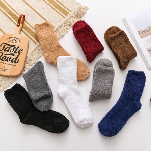 

1 pair winter warm socks men women soft elastic breathable pure colors bed floor coral velvet fluffy socks indoor towel1, Black
