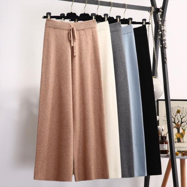 

2020 осень зима новые толстые повседневные прямые брюки женские женские ленты свободные вязаные широкие брюки ног случайные брюки, Black;white