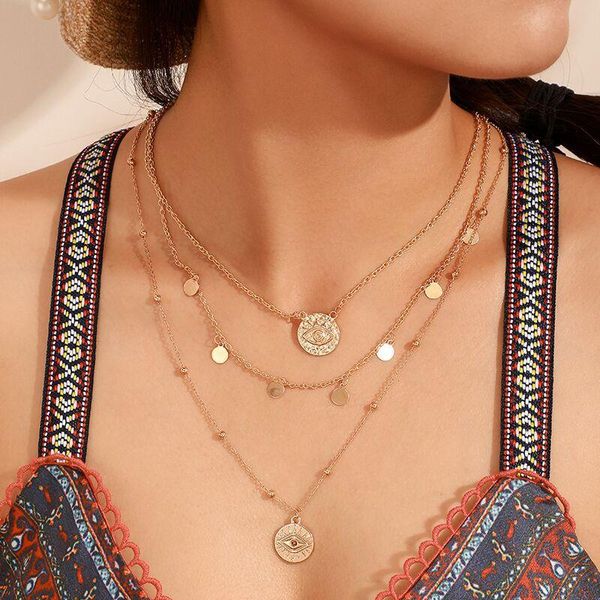 

brling new 2020 fashion ins vintage chain pendant choker alloy geometric disc eyes necklace for women girls gifts party, Golden;silver