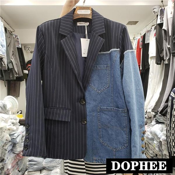 

striped blazer women's new autumn 2021 personality asymmetric denim stitching long sleeve casual suit jacket outfits coat, White;black