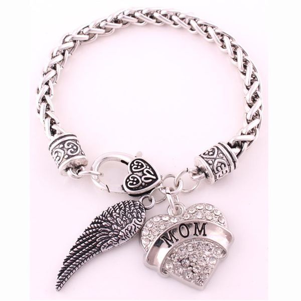 

new arrival rhodium plated studded with sparkling crystal mom heart charm with angel wing bracelet, Golden;silver